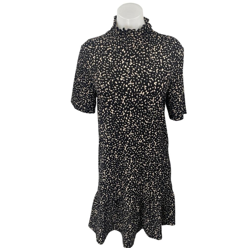 Zara Black White Short Sleeve Ruffle Abstract Turtleneck Mini Shift Dress Size M